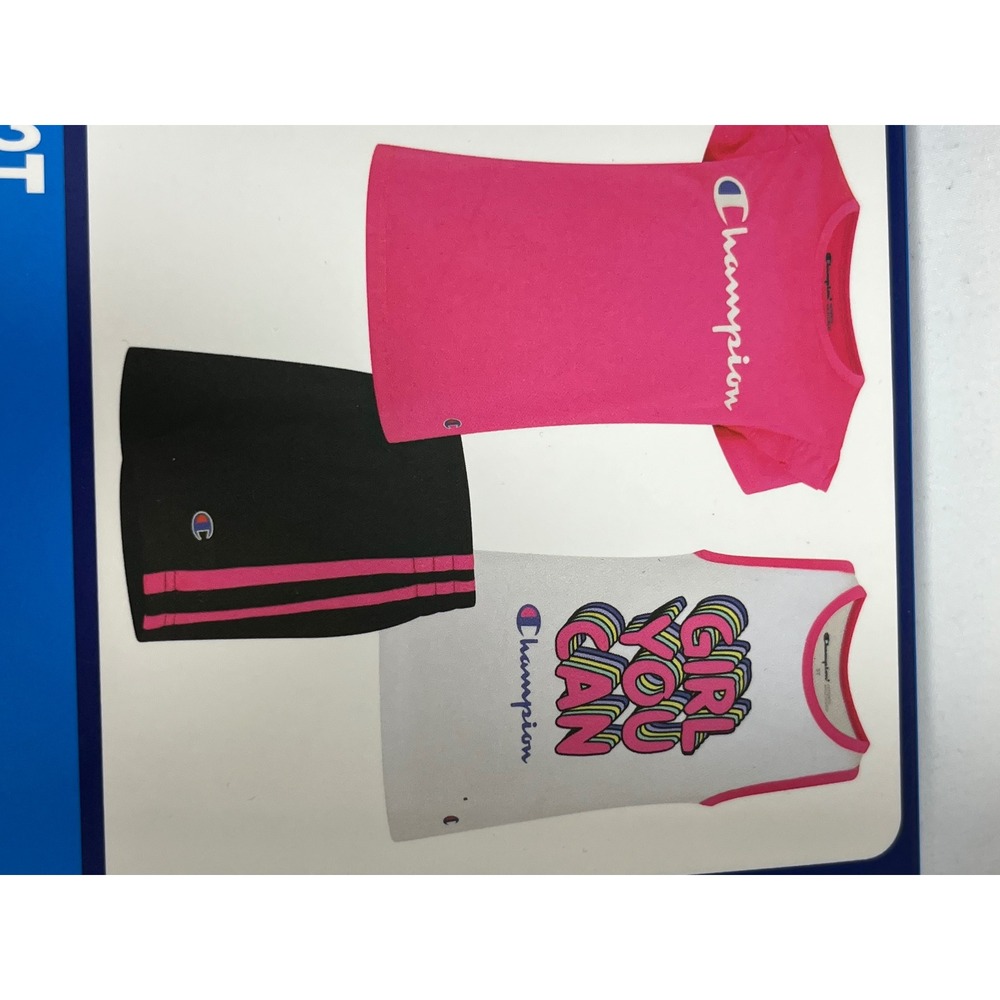 Champion‎ 3 Piece Set Girls 2T Pink Tee White Tank Black Shorts Playwear Active - Picture 4 of 5